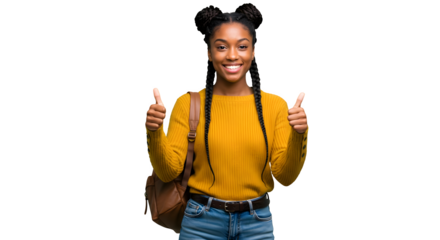 Smiling young girl black male afro hair student holding a book and showing thumb up sign, isolated on transparent background