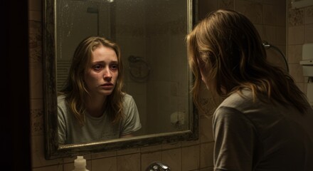 Sorrowful reflection: a woman's emotional confrontation in the mirror's gaze