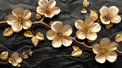 Ornate gold flowers on a dark stone background.