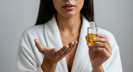 Fototapeta premium A woman uses an oil to care for her skin, creating a spa-like self-care routine experience.