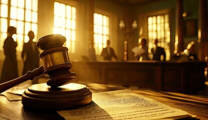 Gavel on courtroom table, sunlight streaming in
