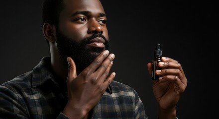 A black man examines his beard and holds a bottle of beard oil, ready to use it.