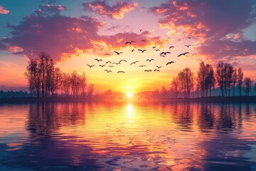 Obraz premium A serene sunrise over a tranquil lake with birds in flight.
