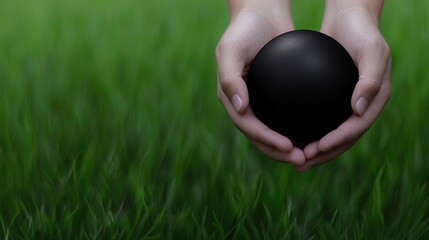 Hands holding sphere with green grass.