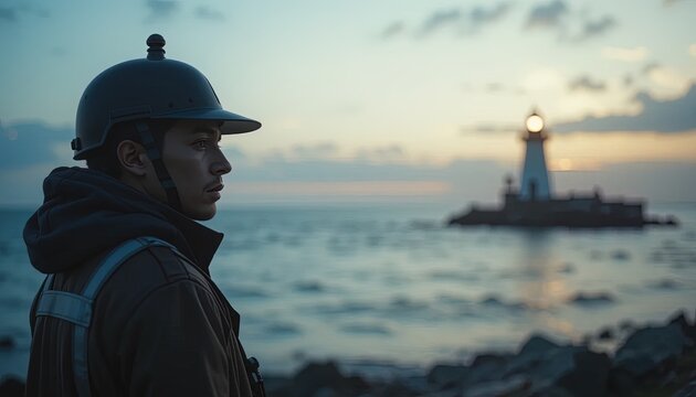 A pensive figure watches a coastal lighthouse.