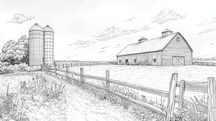 Countryside scene, farm, barn, silos, sketch, rural, landscape, countryside, peaceful