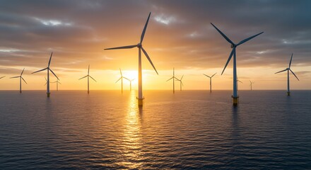Offshore Wind Turbines at Sunset Producing Green Energy to Reduce Carbon Footprint Renewable Resource on Water Near Coast for Sustainable Power