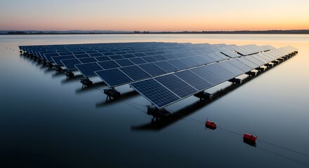 Floating solar panel farm on calm water at dawn providing clean energy solutions and renewable electricity for a sustainable future