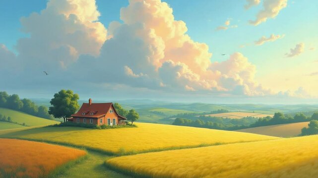A charming countryside house stands amidst vibrant fields under a sky filled with dramatic, colorful clouds. The scene is serene, with rolling hills and lush greenery in the background