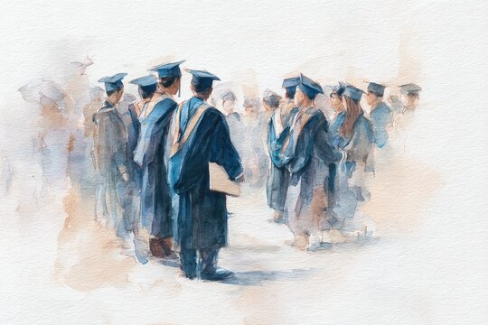 A delicate watercolor sketch of a graduation ceremony, with students in caps and gowns standing proudly. High quality