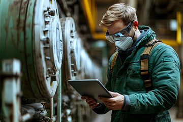 Industrial worker with safety gear inspecting machinery using a