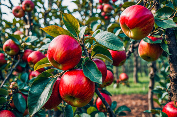 Bright Red Apples Growing On Trees In Fruit Orchard