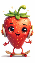 Fototapeta premium Cheerful cartoon strawberry wearing headphones, riding a skateboard against a bright, plain white background
