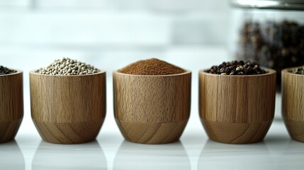 Assorted spices in wooden bowls.