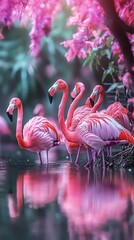 Pink flamingos in floral setting