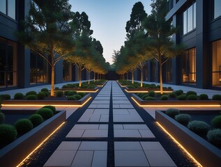 Modern illuminated garden walkway lined with symmetrical trees and sleek architectural design elements, creating a serene and elegant path between contemporary buildings at twilight

