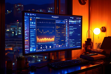 Illuminated Computer Screen Displaying Data in a Dark, Modern Of