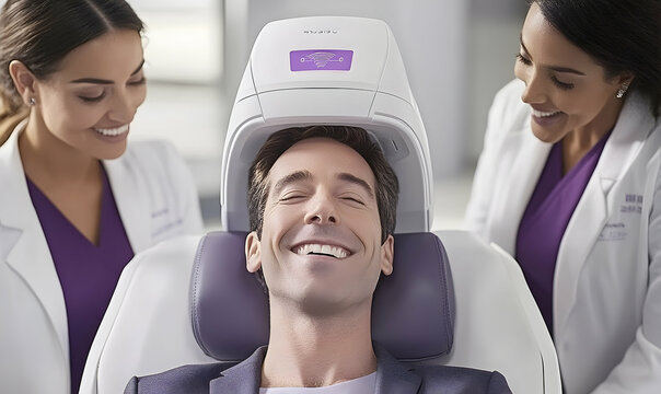Man undergoing brain stimulation therapy with smiling doctors in