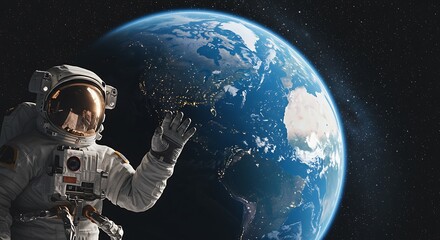 Astronaut waves greeting in space with stunning blue Earth backdrop, symbolizing a warm welcome to space on this inspiring space mission concept wallpaper.