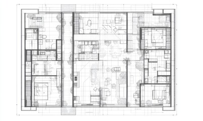 Architectural floor plan of a multi-room apartment, showcasing open-concept living areas, distinct bedrooms, and a kitchen.  Interior design elements are indicated with various shapes and lines