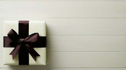 Gift box with ribbon, and wood background.