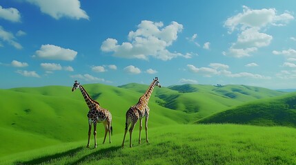 Giraffes on green hills