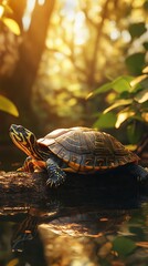 Turtle on log near water in forest sunlight