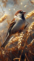 Sparrow on wheat stalk