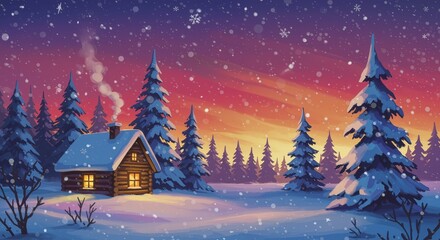 Cozy winter cabin in a snowy forest during sunset with falling snowflakes
