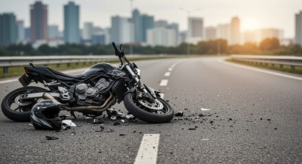 Damaged motorcycle on the road with debris and city skyline in background