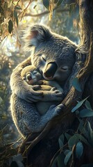 Koala mother and joey embrace