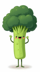 A cute, cartoon broccoli character stands smiling with tiny arms raised on a white background, showing green details