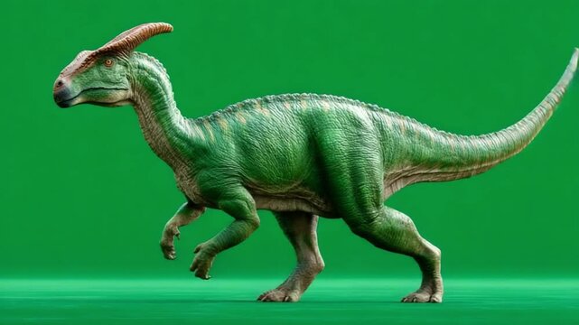 Parasaurolophus Dinosaur: A prehistoric Parasaurolophus dinosaur, with its distinctive head crest and a captivating green-hued body, strides powerfully against a vibrant green background.  