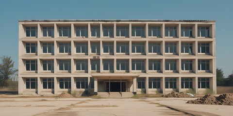 Front view of an old abandoned institutional building under renovation with sand piles in the courtyard, symbolizing decay, transformation, construction, and urban redevelopment