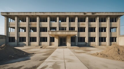 Front view of an old abandoned institutional building under renovation with sand piles in the courtyard, symbolizing decay, transformation, construction, and urban redevelopment