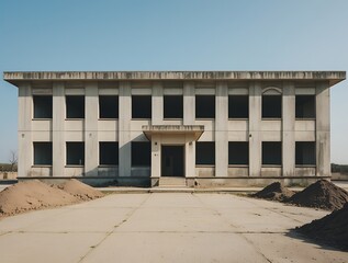 Fototapeta premium Front view of an old abandoned institutional building under renovation with sand piles in the courtyard, symbolizing decay, transformation, construction, and urban redevelopment