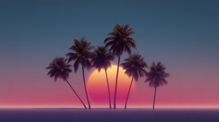 Obraz premium Synthwave Sunset: Palms Silhouetted Against a Retro-Futuristic Gradient Sky