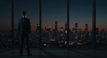 Fototapeta premium Businessman looking out at a city skyline during twilight hours