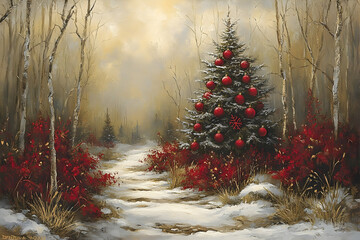 Snowy Forest Path Leads to Christmas Tree Adorned with Red Ornam