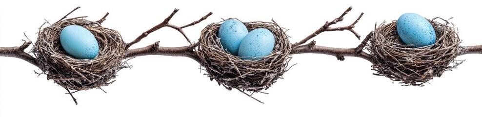 Obraz premium Three nests with light blue eggs on a branch