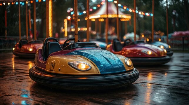Colorful bumper cars at a night fair