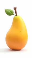 Cartoon pear yellow-orange, with green leaf and brown stem, casts a subtle shadow on white