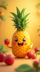 A cartoon pineapple character holds a strawberry, surrounded by strawberries and foliage, on a vibrant background