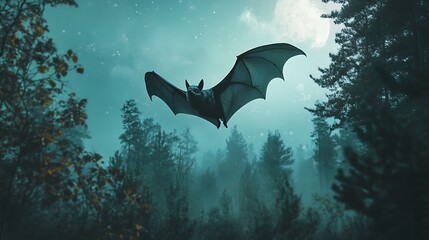 Bat flying over misty forest at night