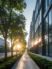 Modern glass office buildings reflecting golden sunlight at sunrise along a tree-lined pedestrian path in a clean, green, and urban environment showcasing sustainable city design

