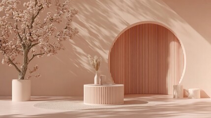 Pastel room interior with flowering tree and decorative elements
