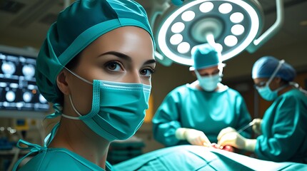 Confident female surgeon in a modern operating room wearing a surgical mask and scrubs, with a medical team performing surgery in the background under surgical lights

