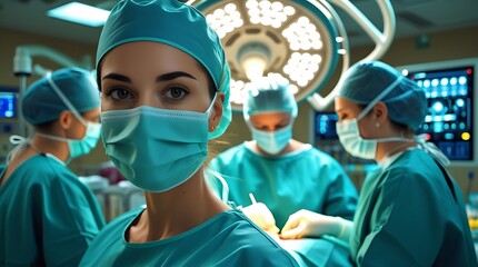 Confident female surgeon in a modern operating room wearing a surgical mask and scrubs, with a medical team performing surgery in the background under surgical lights

