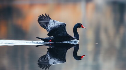 Black swan in flight reflection
