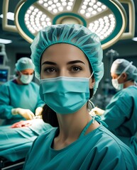 Confident female surgeon in a modern operating room wearing a surgical mask and scrubs, with a medical team performing surgery in the background under surgical lights

